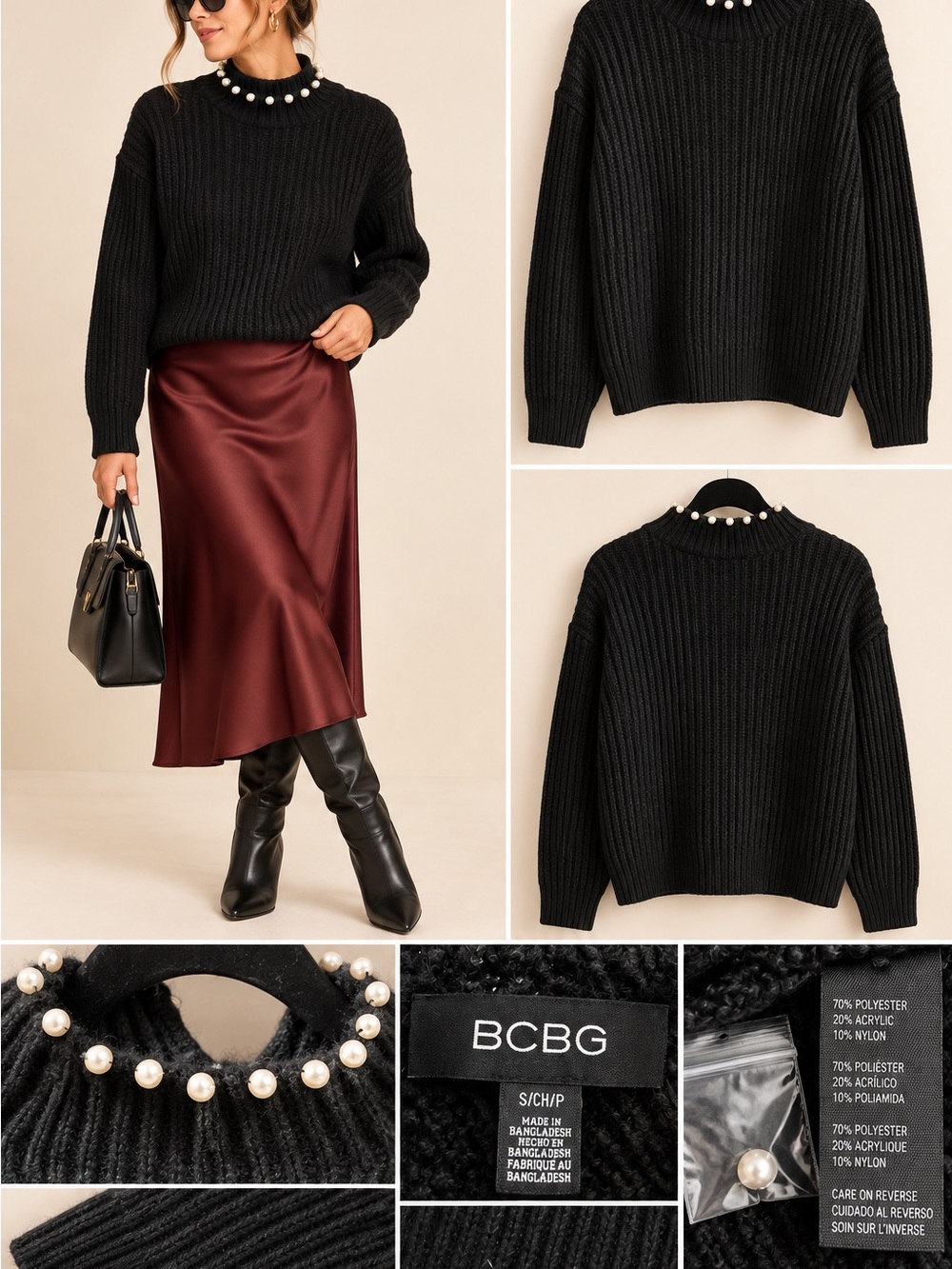 BCBG Black Chunky Knit Pearl Embellished Sweater Size S - Picture 3 of 9